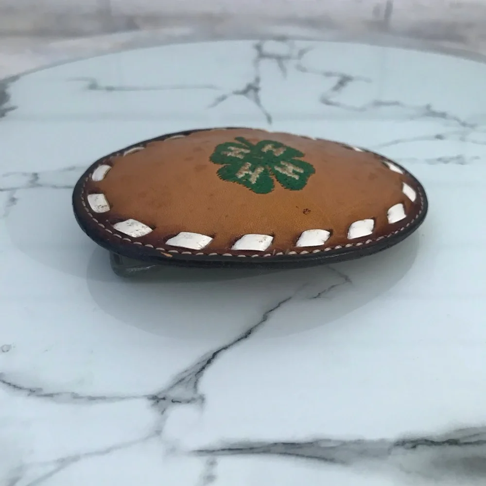 Tony Lama 4H Four Leaf Clover Oval Leather Belt Buckle